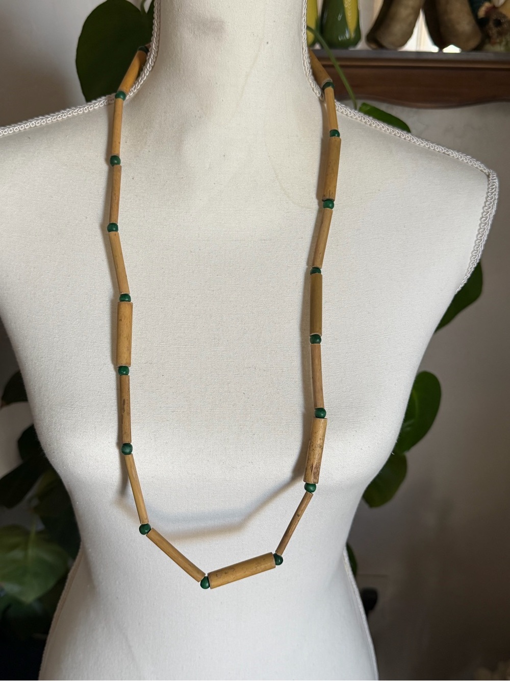 Natural Bamboo Pipe Beads Green Wooden Beaded Necklace